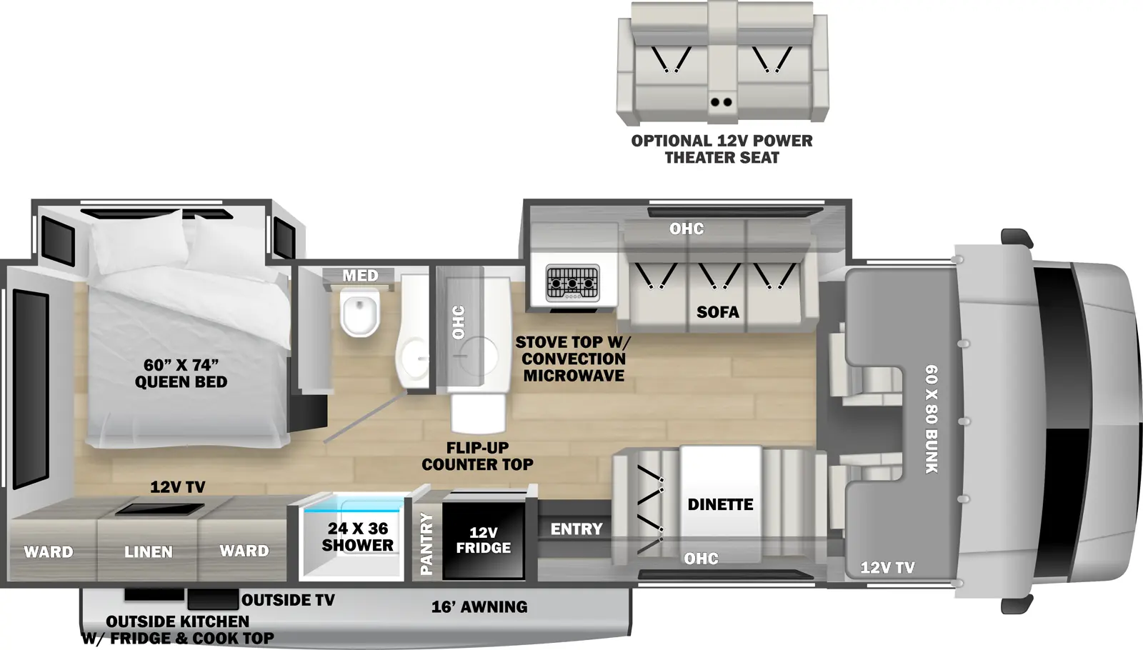 The Solera 32DSOK (Coming Soon) floorplan has one entry and two slide outs. Exterior features include: 16' awning and outside kitchen. Interiors features include: rear bedroom and bunk over cab.